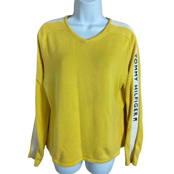 Tommy Hilfiger Women's Size Large Yellow Sweater Logo Y2K Retro Top Long-Sleeve - Picture 4 of 7